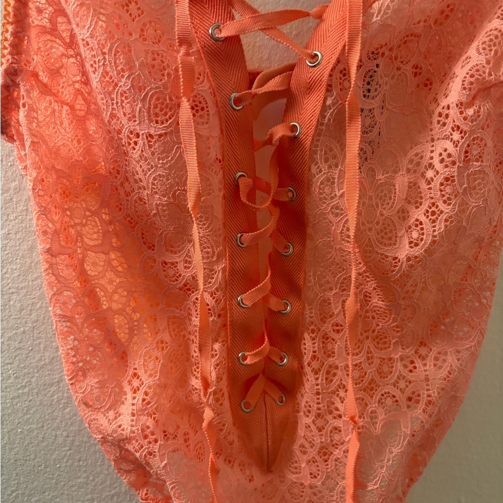 Lace-Up Orange Lace Victoria Secret Bodysuit - Picture 4 of 9